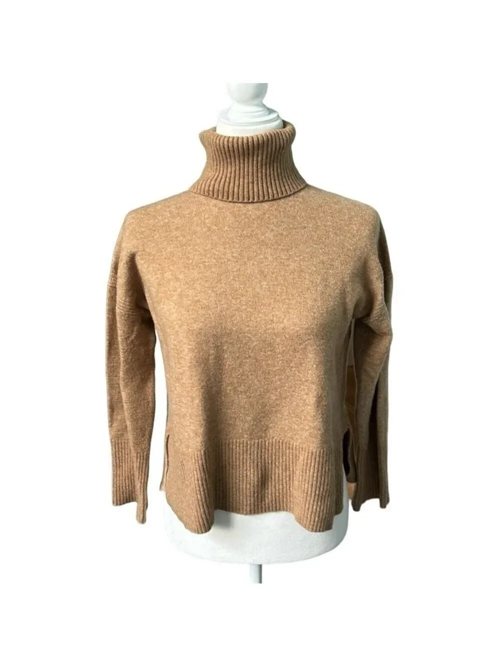 J. Crew Camel Tan Wool Blend Turtle Neck Soft Cropped Sweater Size XXS Oversized
